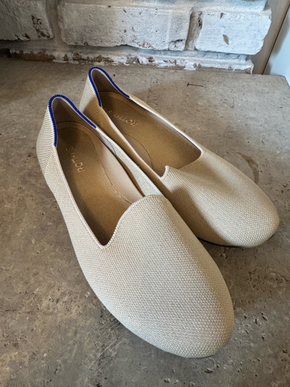Rothy's Cream The Lounge Loafer with Blue Heel Trim